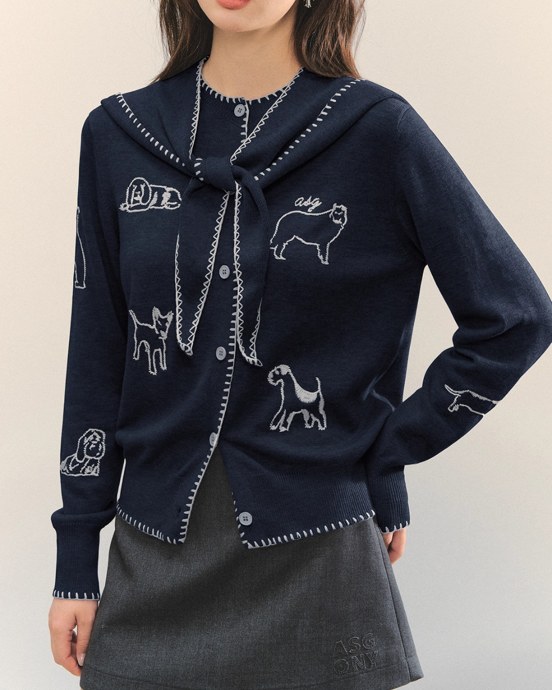 Dog Embroidery Round Neck Knit Cardigan ASG0070
