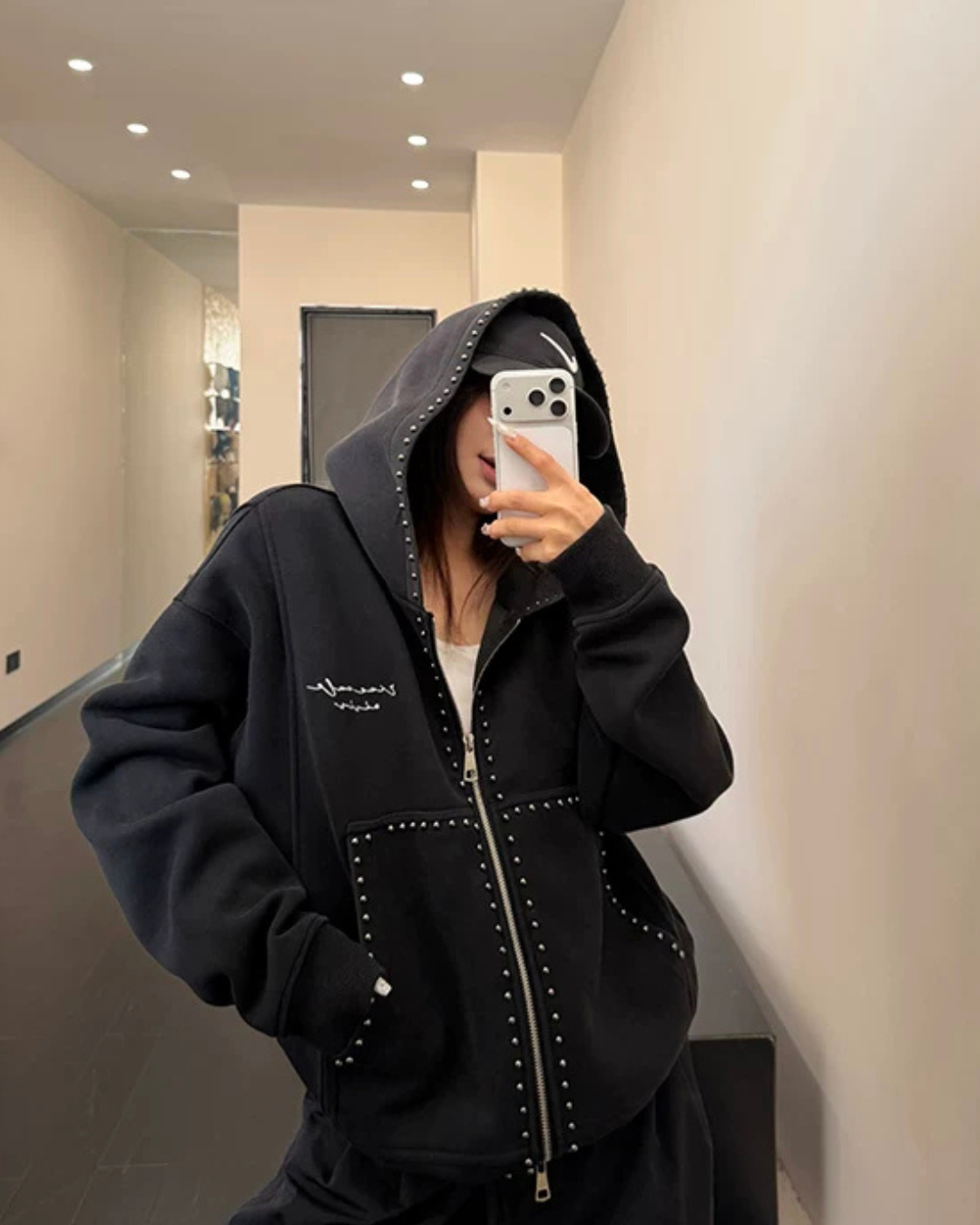 Studded Design Hooded Zip Jacket YLS1033