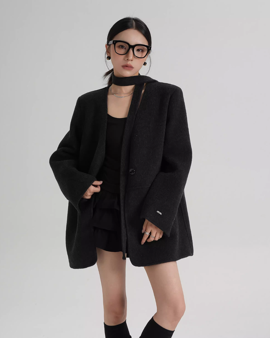 Collarless Wool Coat with Choker SRS0393