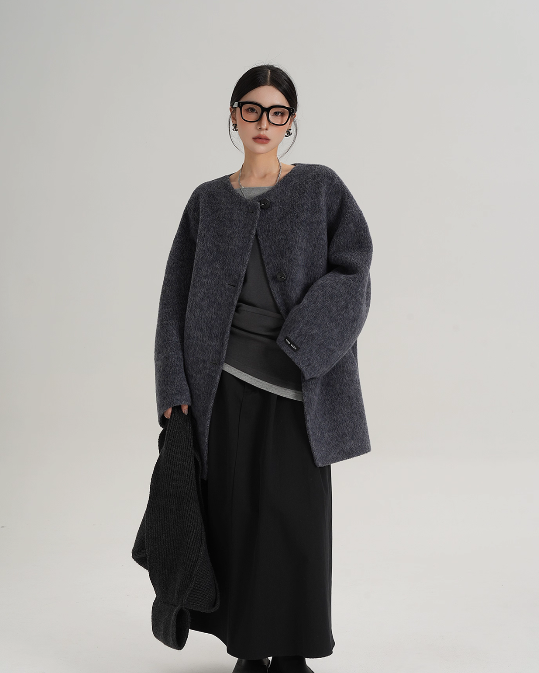 Hood Scarf Mid Length Wool Coat SRS0358