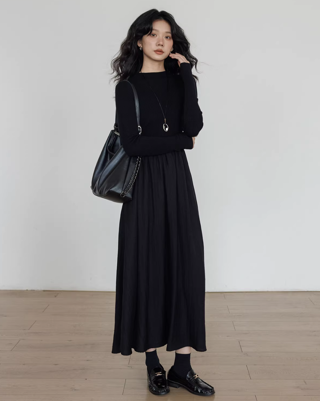 Mock Neck Top Docking Flare Skirt VAS0183