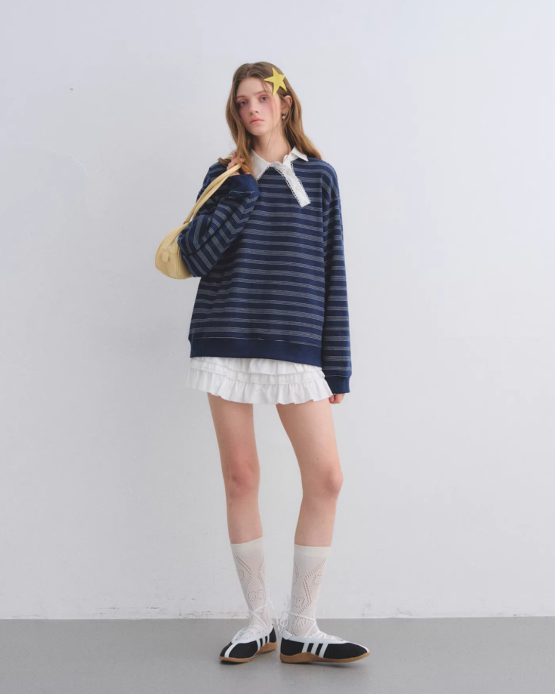 Button Lace Collar Striped Top ASG0085