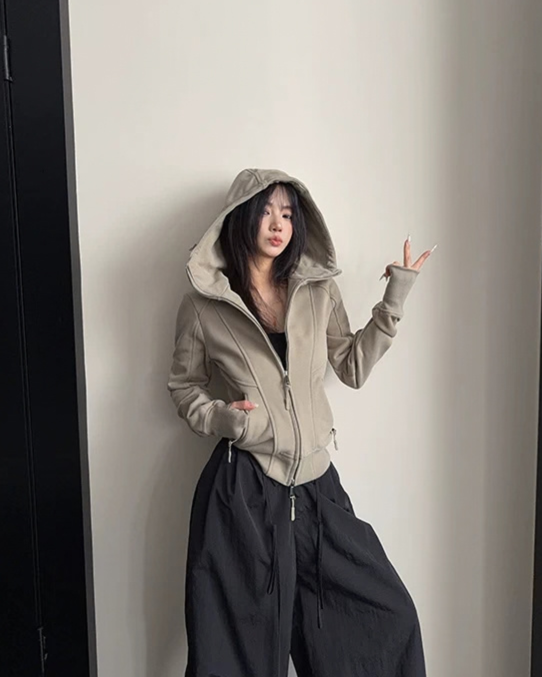 High-Neck Hooded Zip-Up Hoodie YLS1057