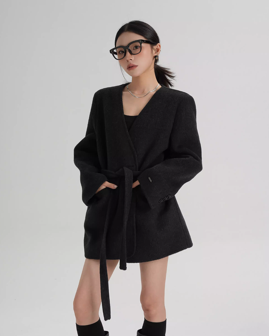 Collarless Wool Coat with Choker SRS0393