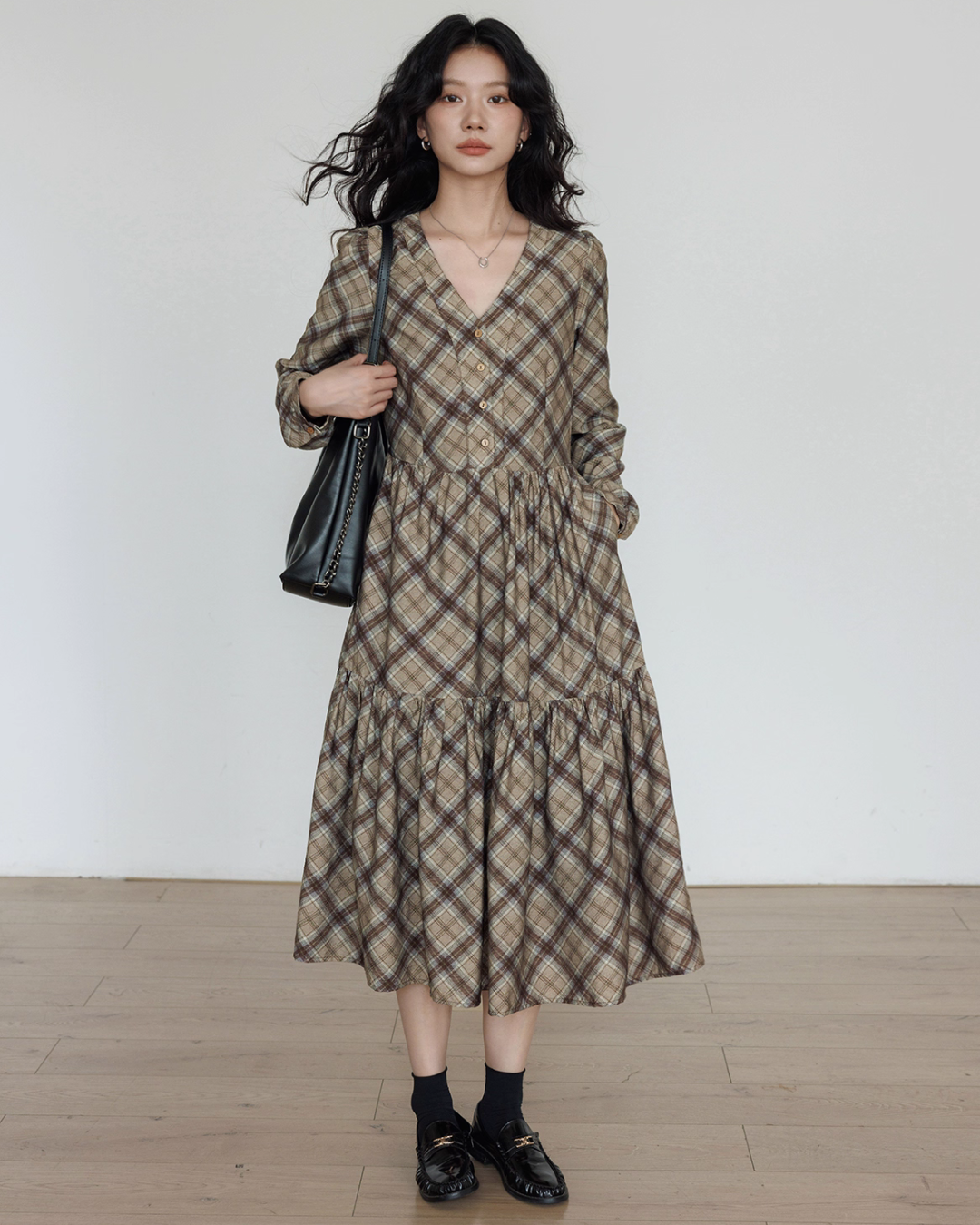 V-Neck Paid Long Dress VAS0161