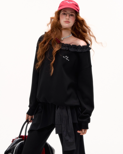Stripe Lace Frill Off Shoulder Top / Flare Pants ASG0065