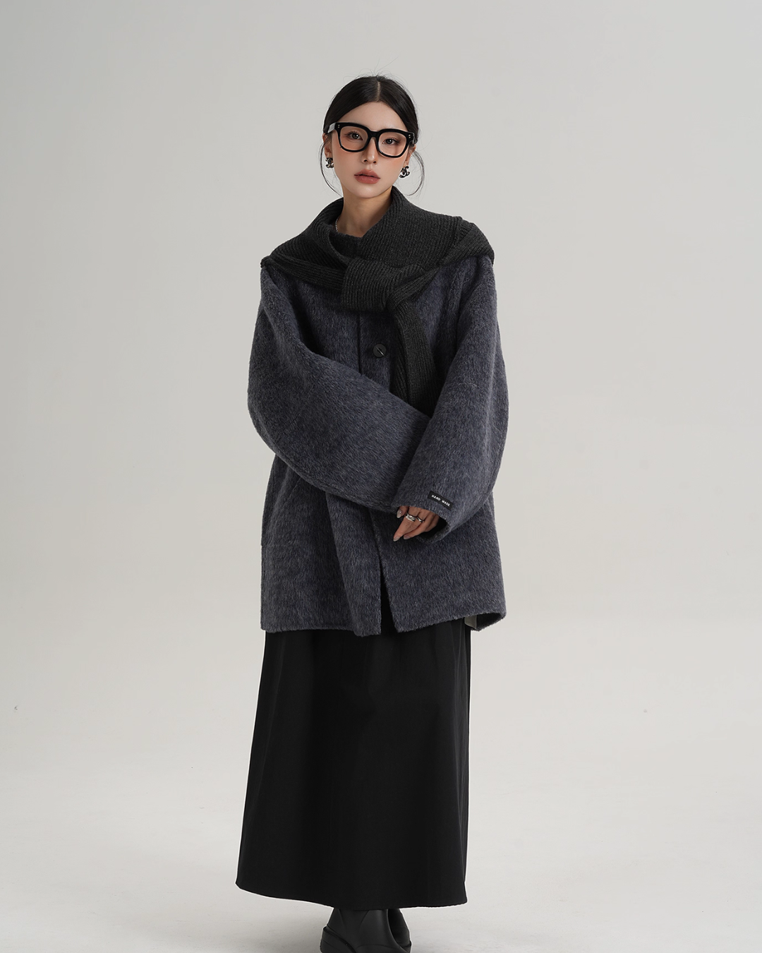 Hood Scarf Mid Length Wool Coat SRS0358