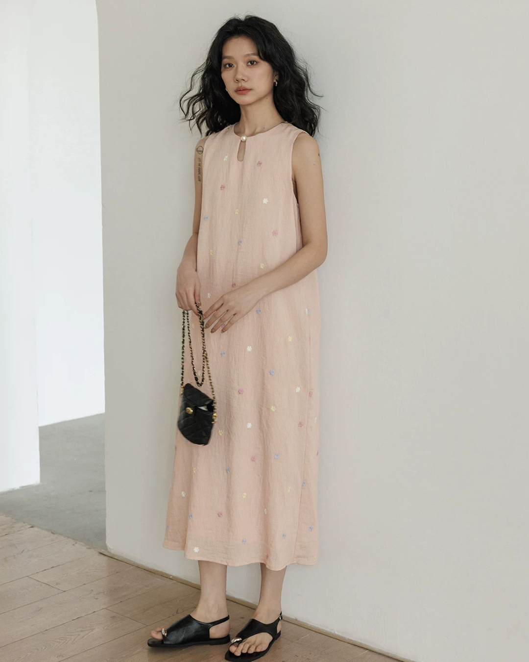 Flower Embroidery Pearl Button Long Dress VAS0203