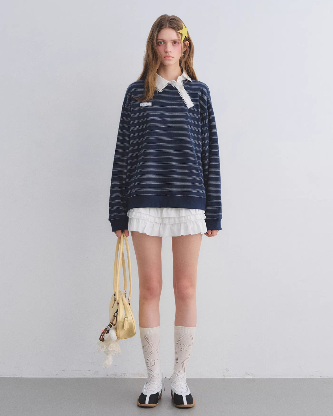 Button Lace Collar Striped Top ASG0085