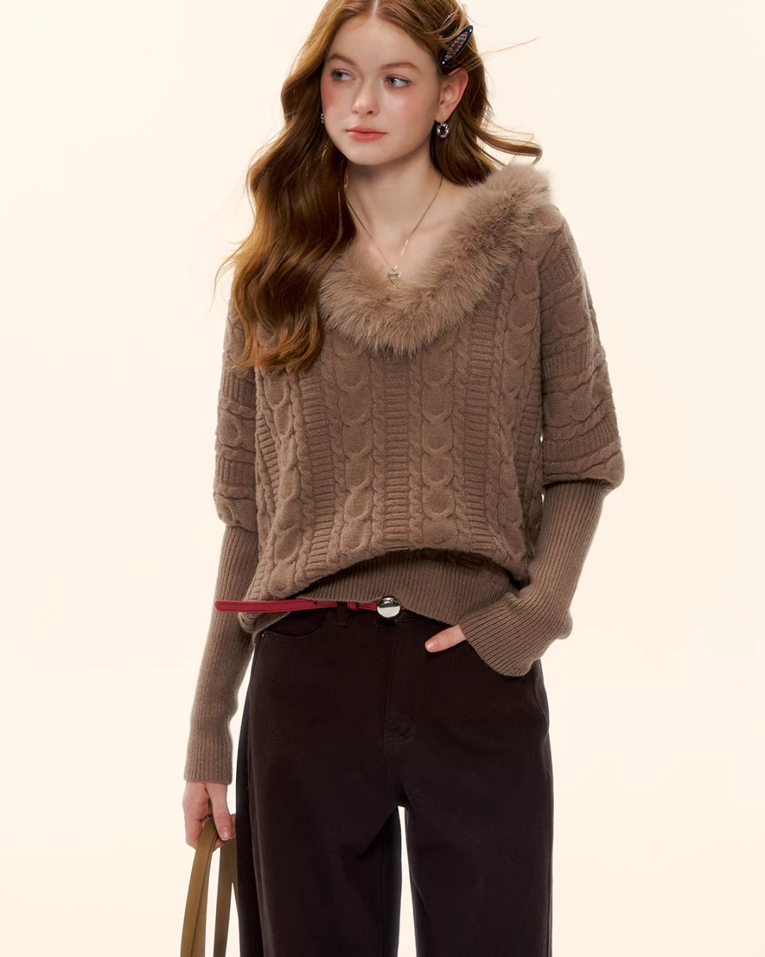 Fur Collar Cable Knit Top ASG0077