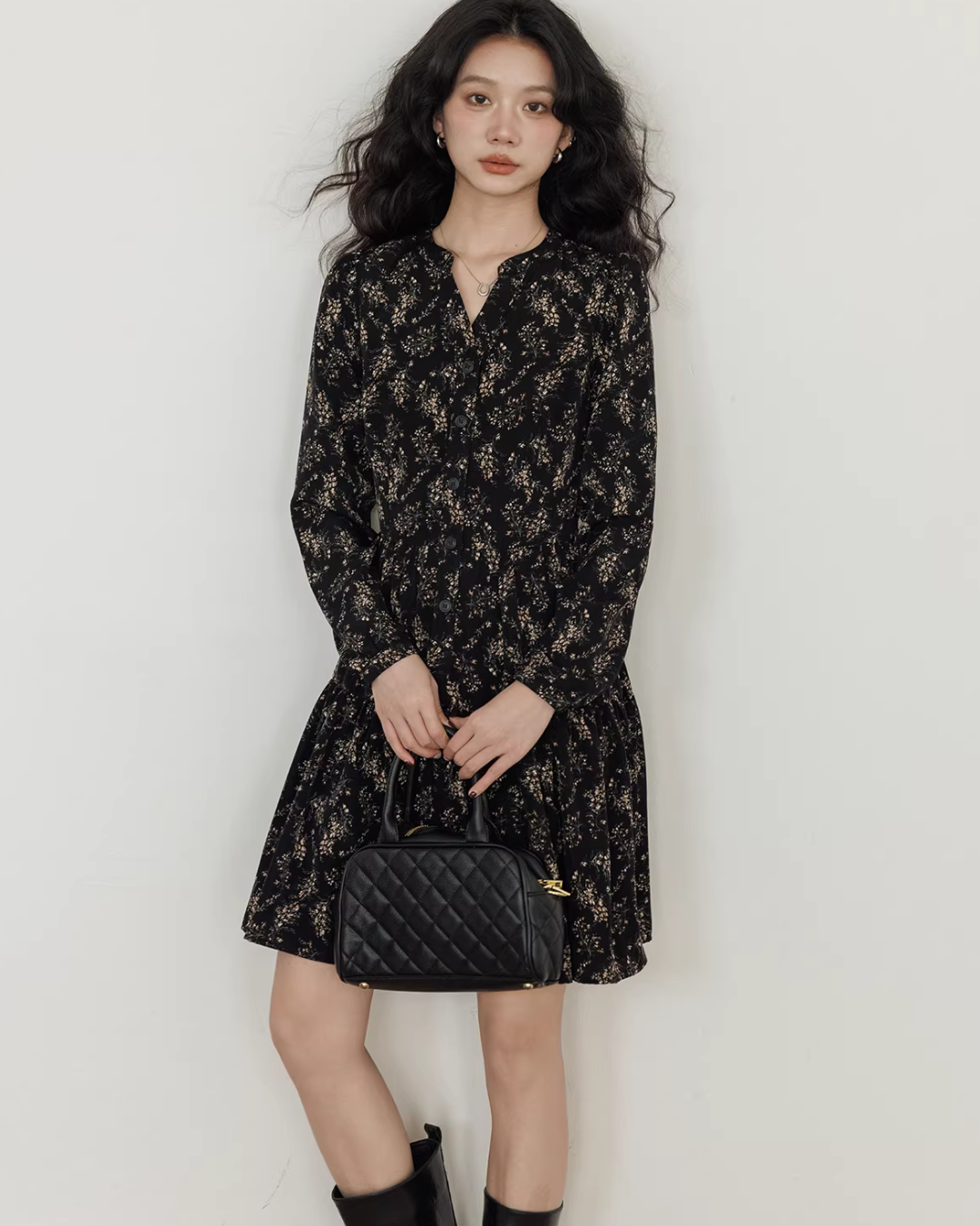 V-Neck Printed Waist Shirt Dress VAS0194