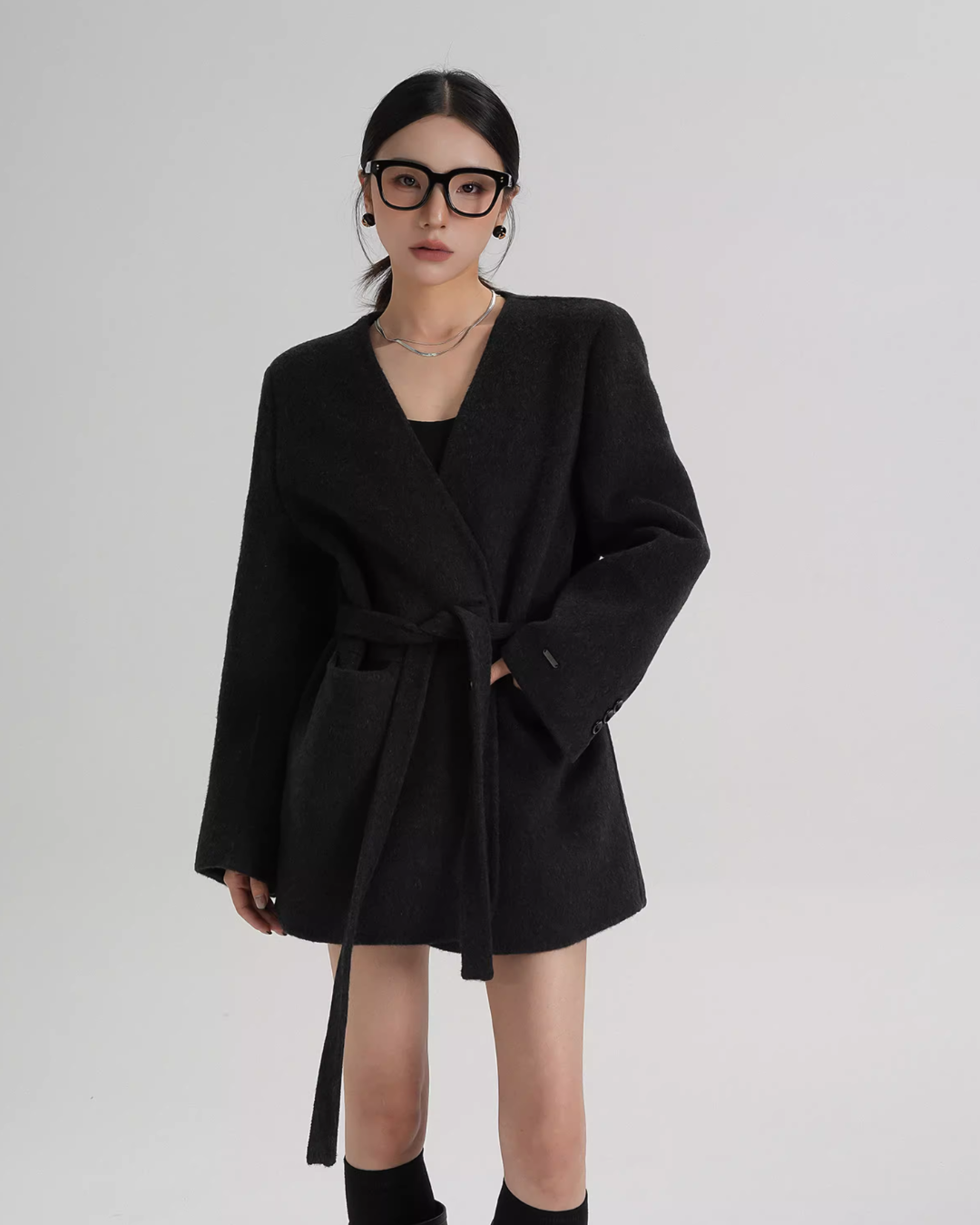 Collarless Wool Coat with Choker SRS0393