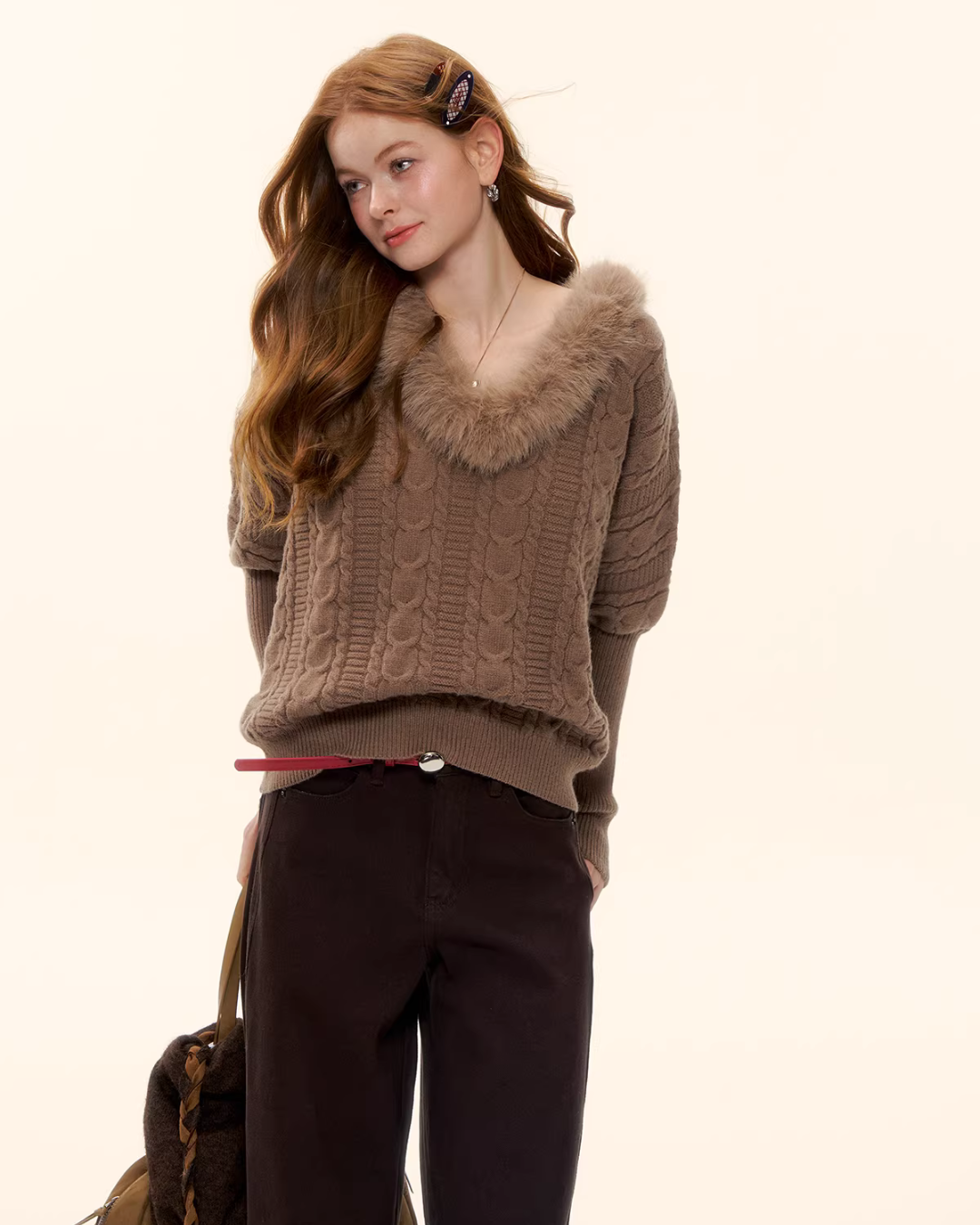 Fur Collar Cable Knit Top ASG0077