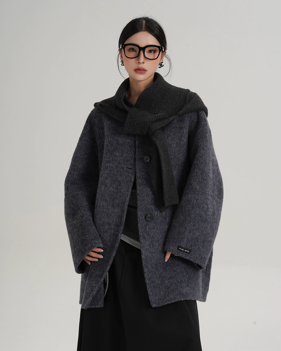 Hood Scarf Mid Length Wool Coat SRS0358