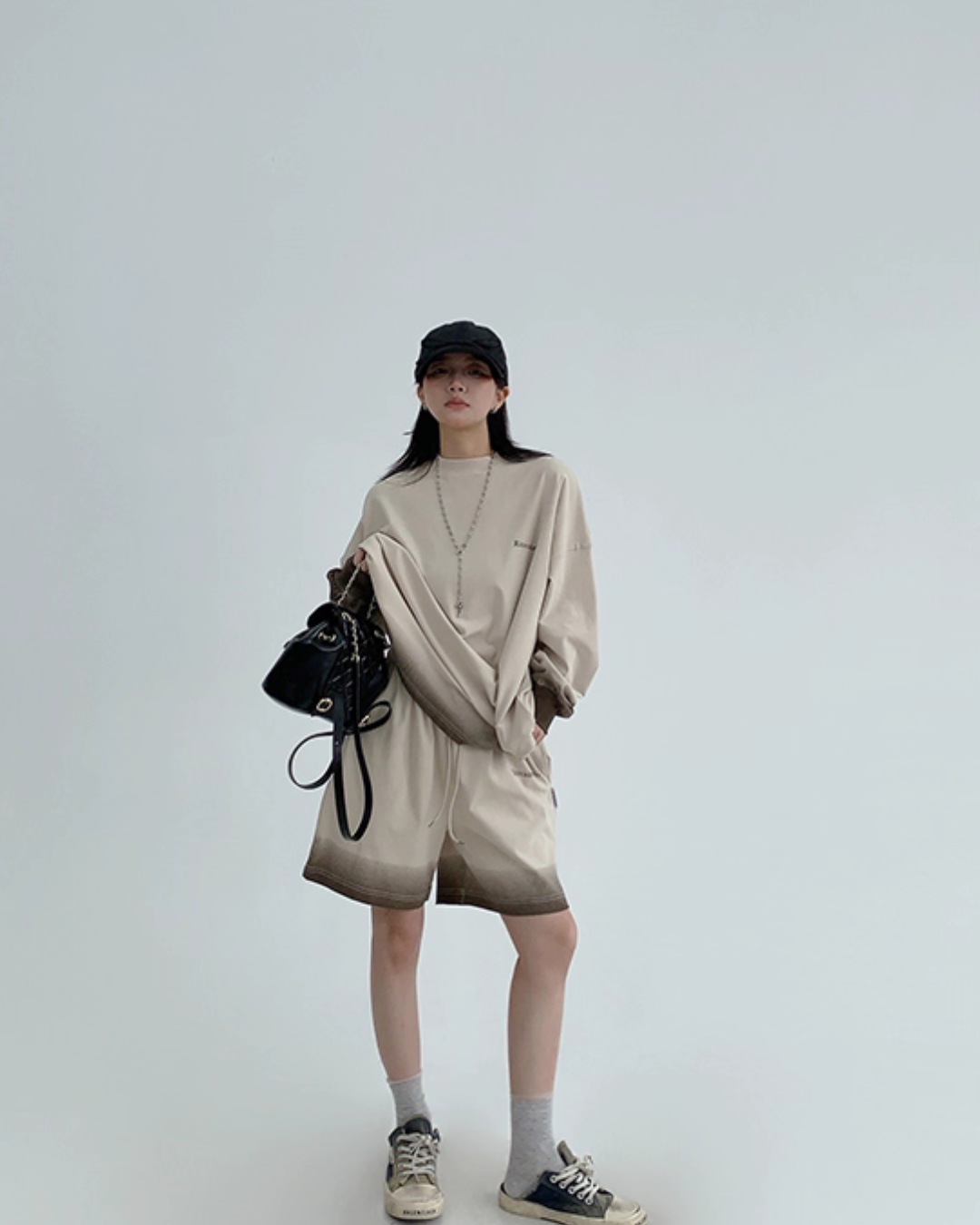 Gradient Loose Long Sleeve Top / Half Pants YLS0885