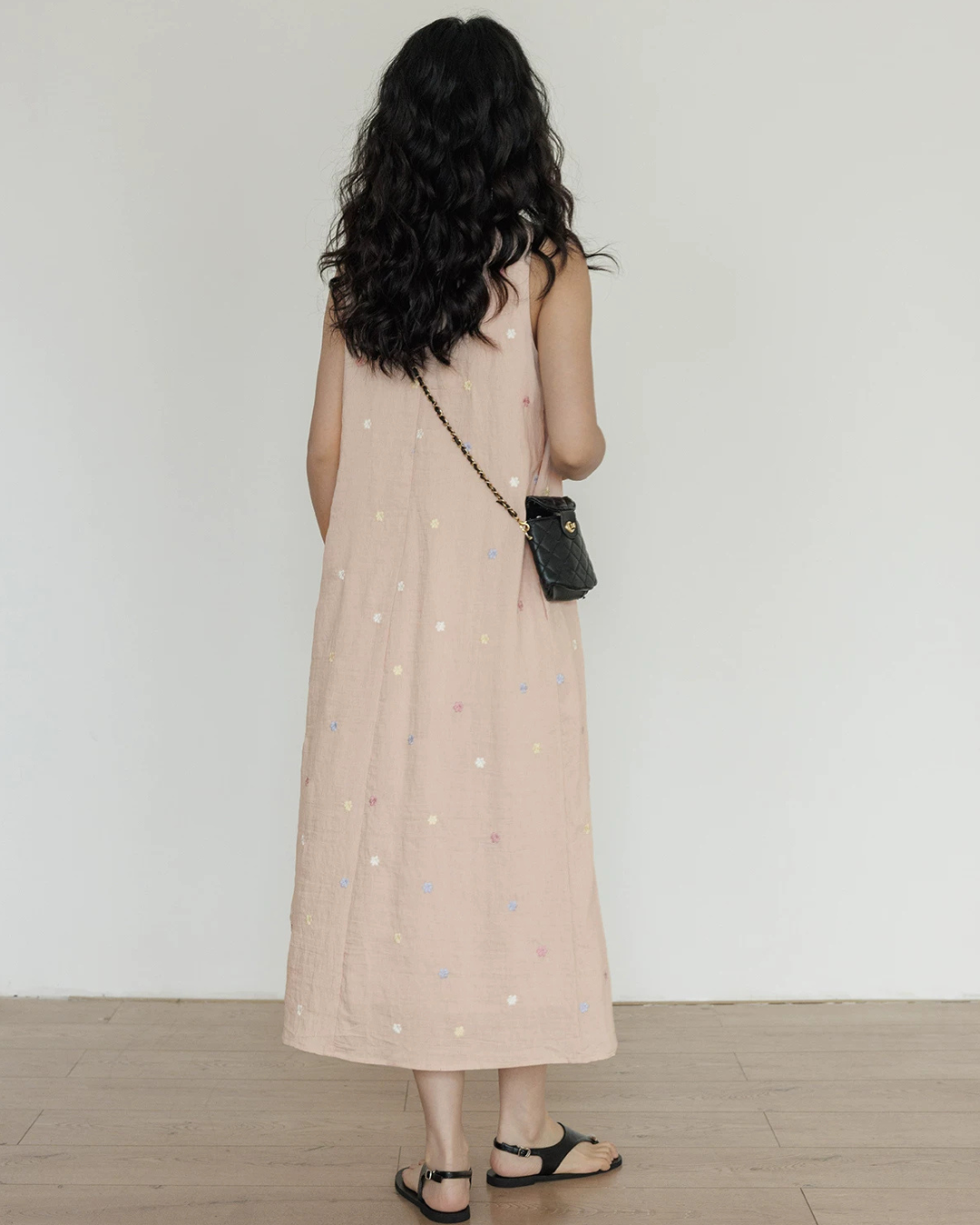 Flower Embroidery Pearl Button Long Dress VAS0203