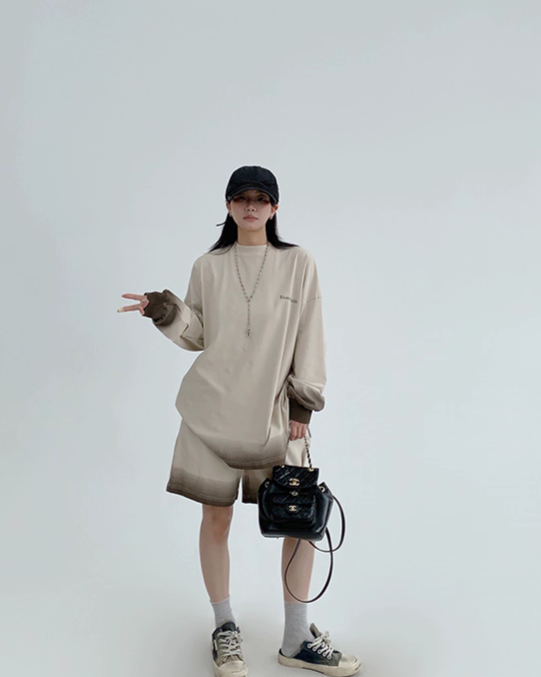 Gradient Loose Long Sleeve Top / Half Pants YLS0885