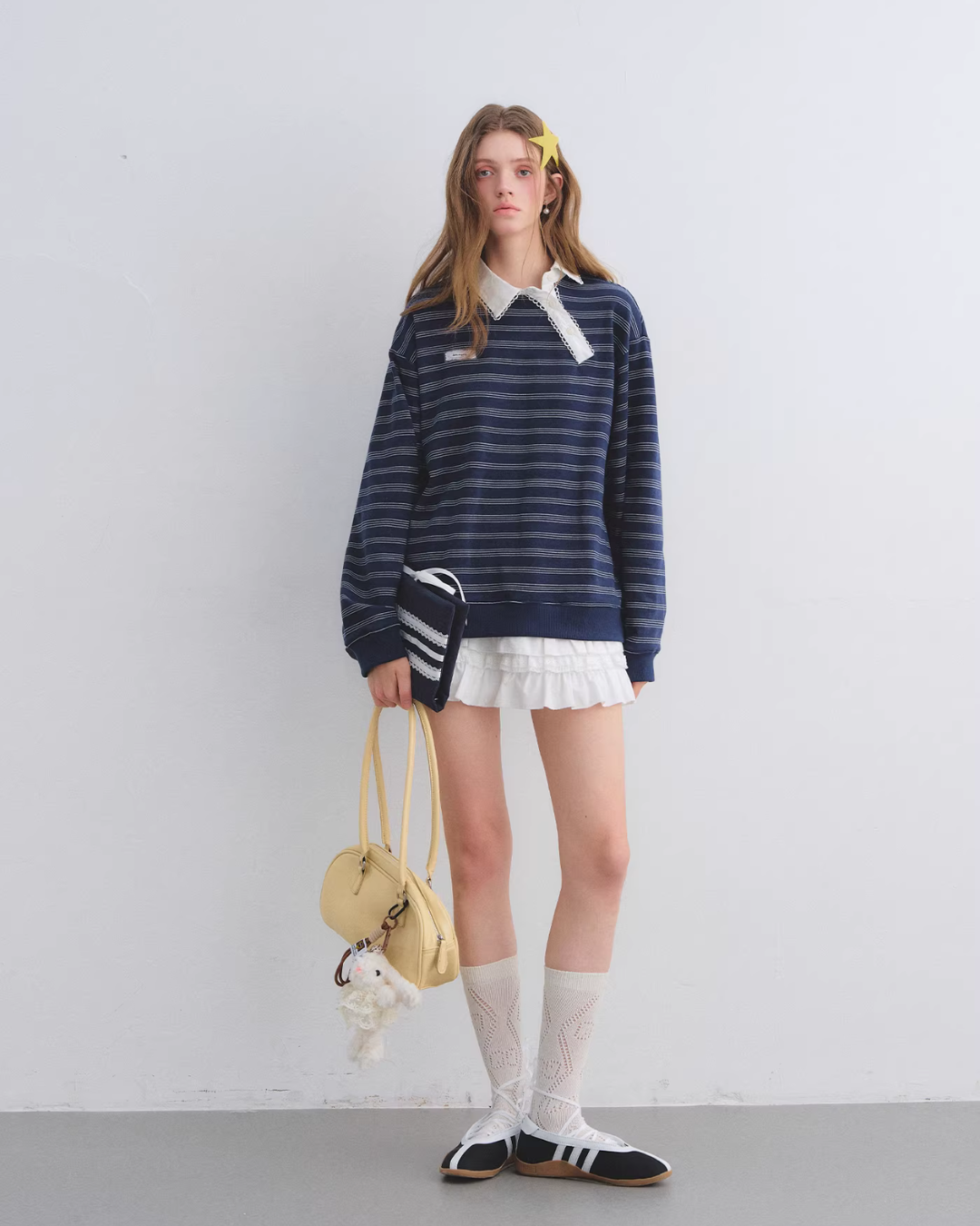 Button Lace Collar Striped Top ASG0085