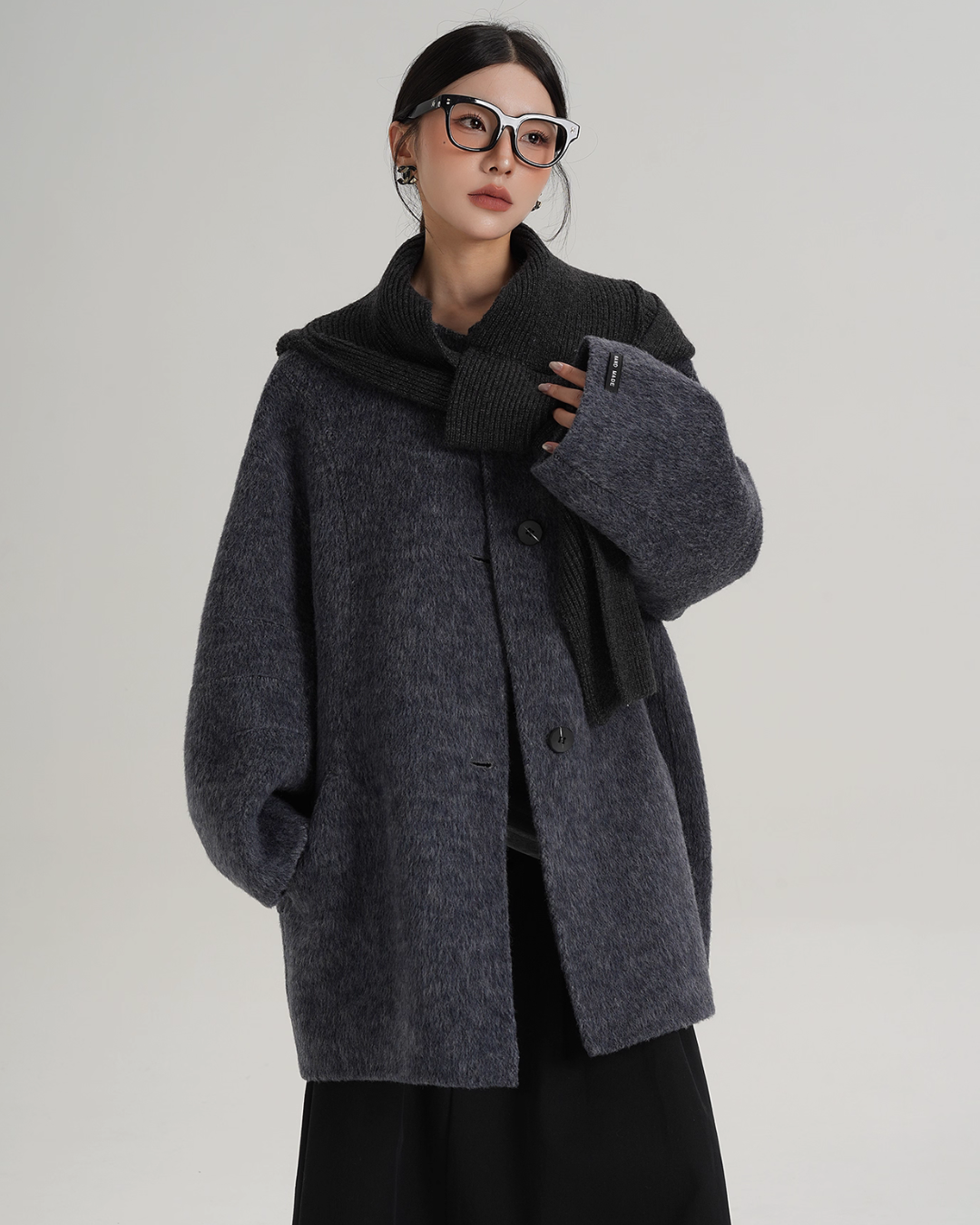 Hood Scarf Mid Length Wool Coat SRS0358