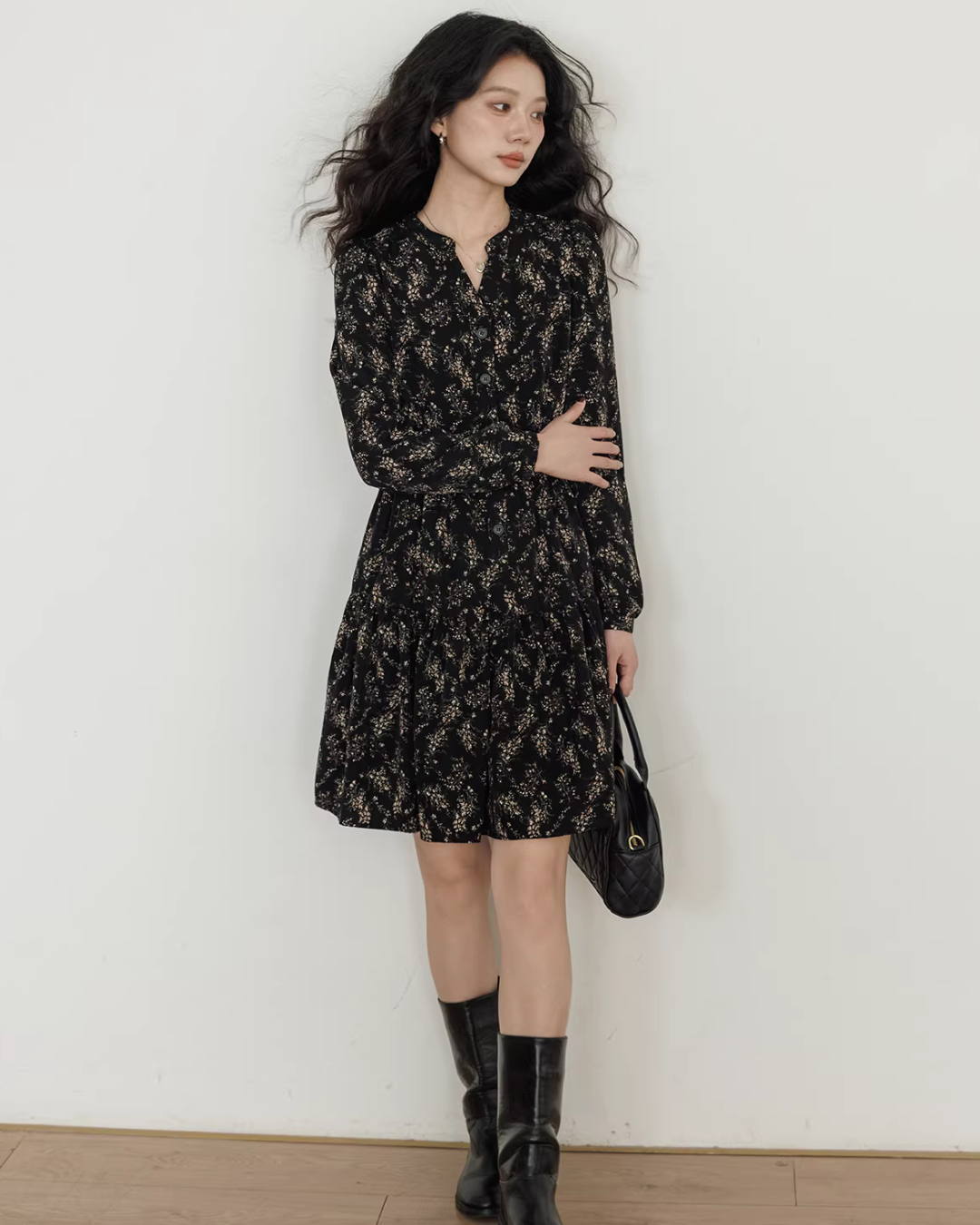 V-Neck Printed Waist Shirt Dress VAS0194