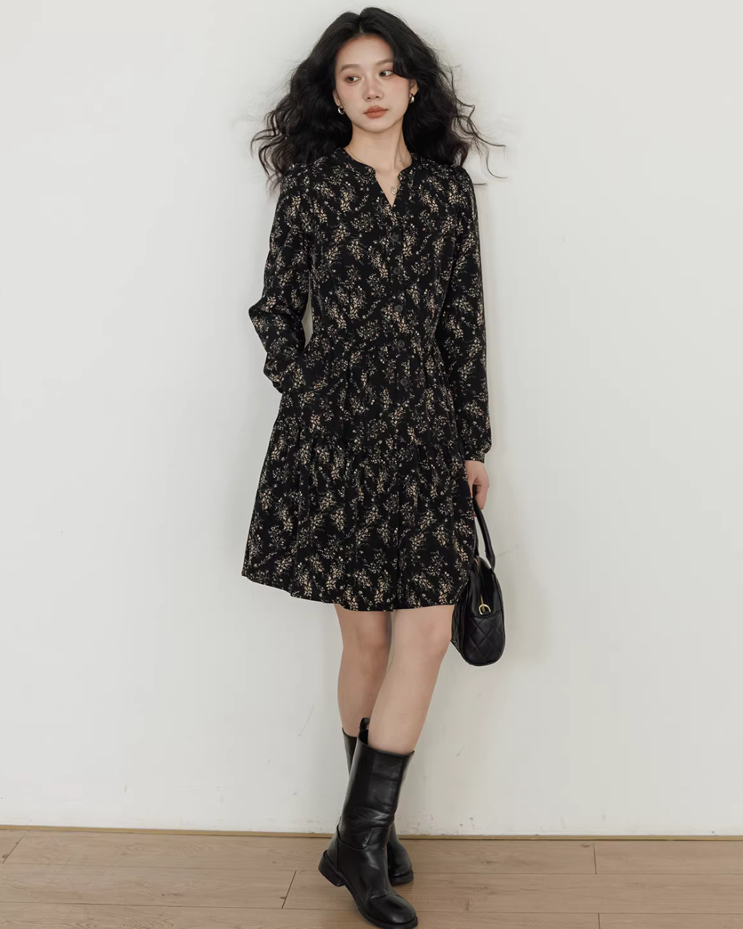 V-Neck Printed Waist Shirt Dress VAS0194