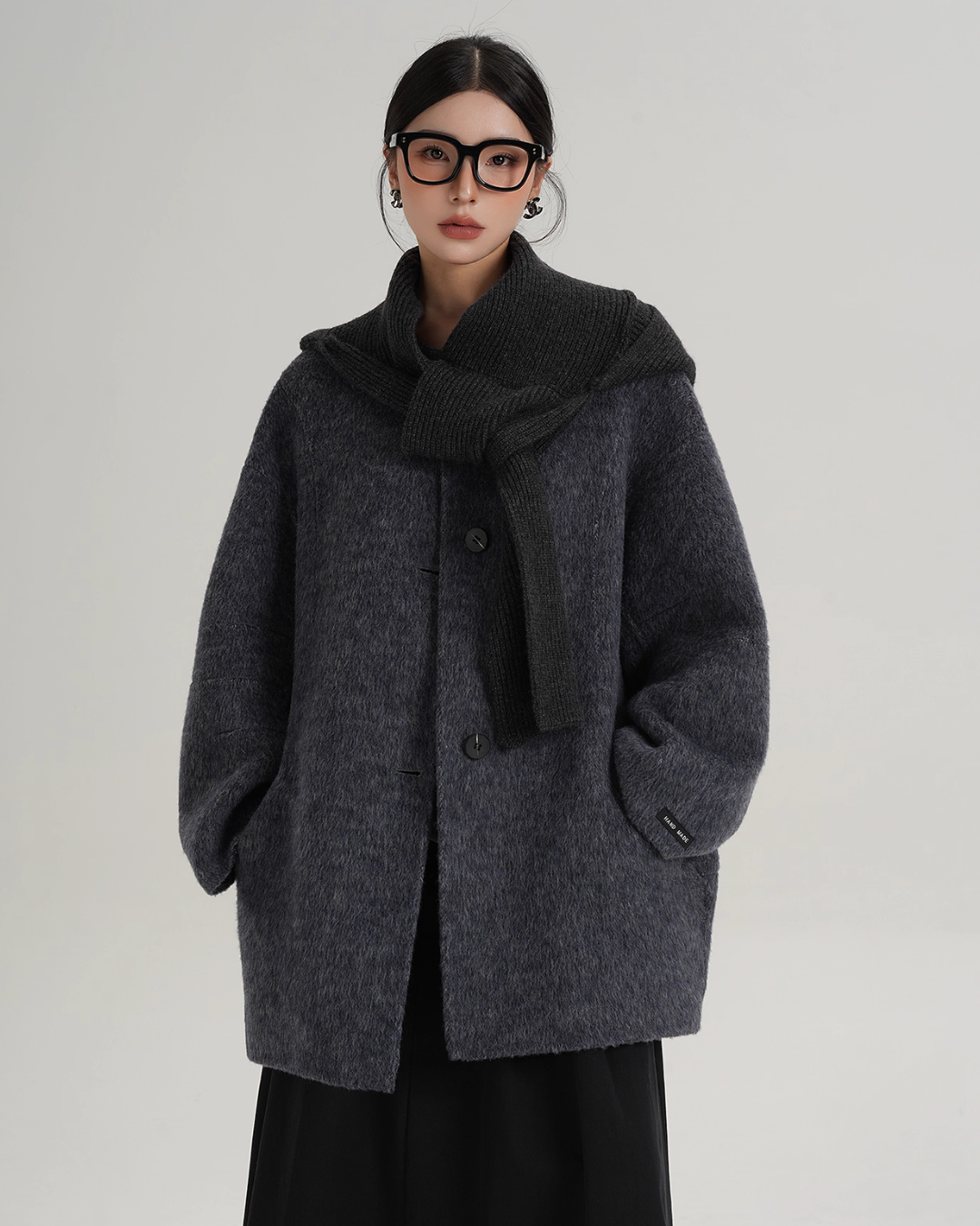 Hood Scarf Mid Length Wool Coat SRS0358