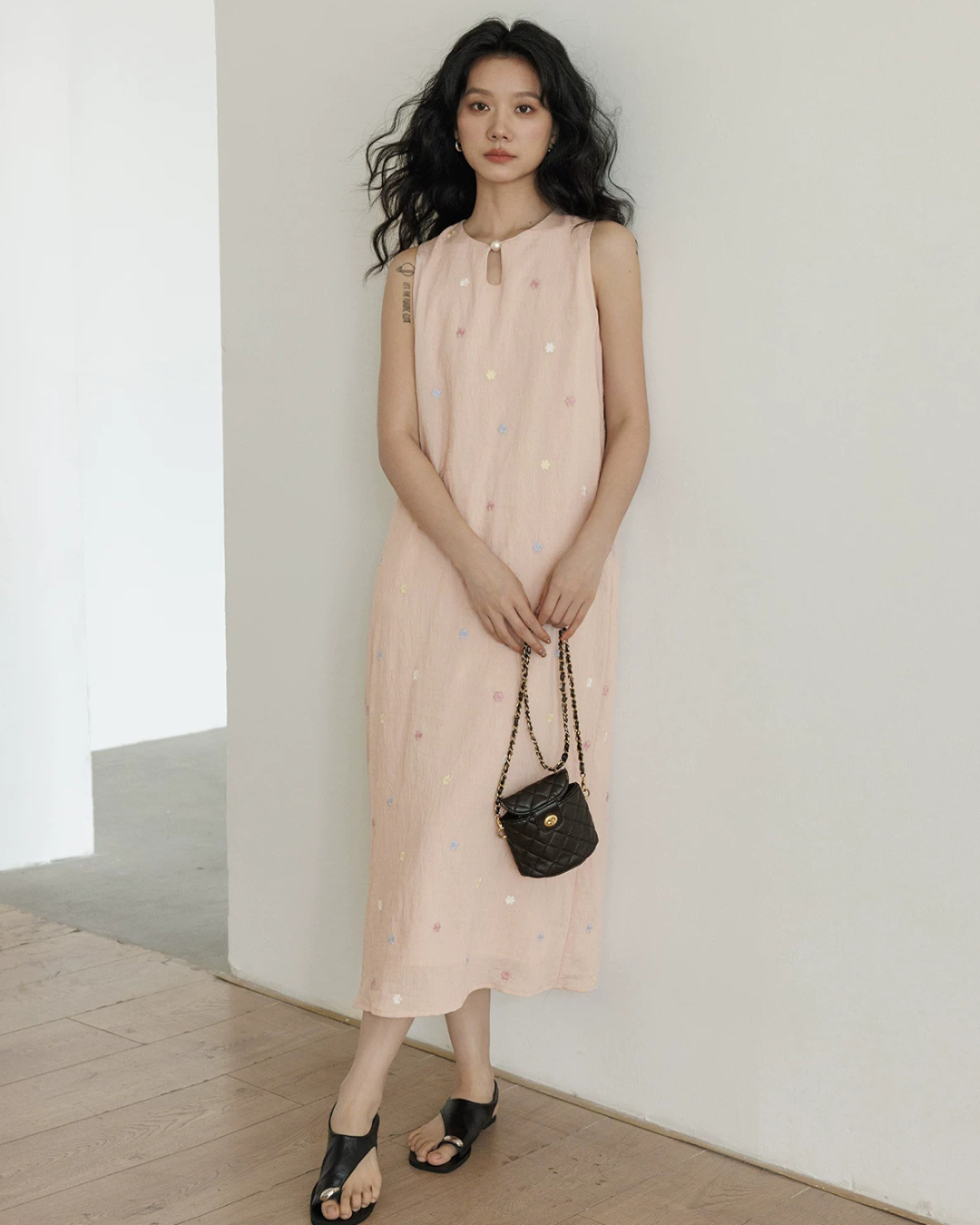 Flower Embroidery Pearl Button Long Dress VAS0203
