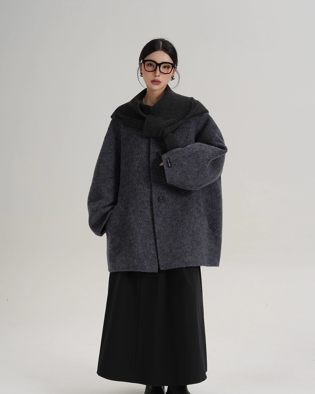 Hood Scarf Mid Length Wool Coat SRS0358