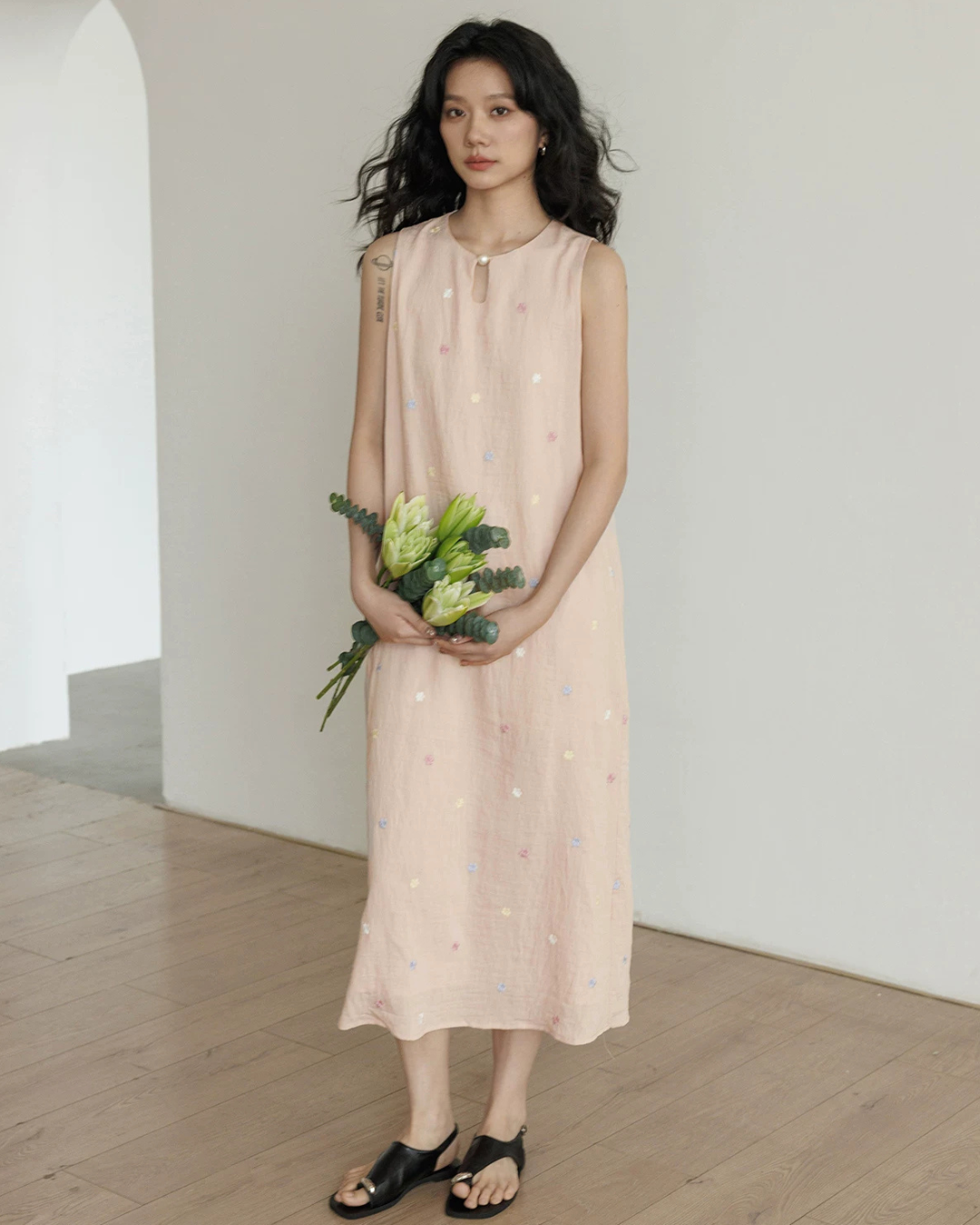 Flower Embroidery Pearl Button Long Dress VAS0203