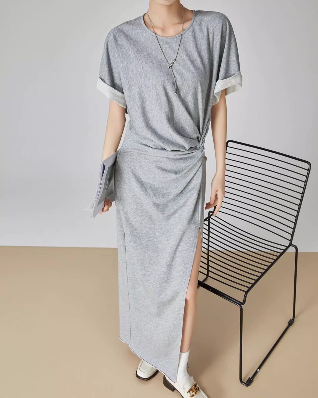 Gray Irregular Short-Sleeve Dress FER0049
