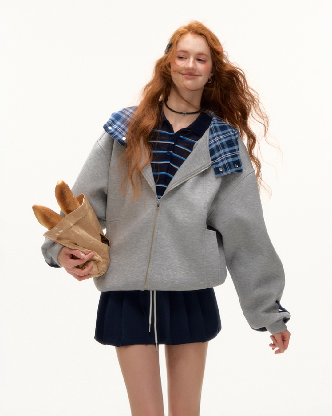 Plaid Patched Hood Jacket / Long Sleeve Top / Denim Pants ASG0048