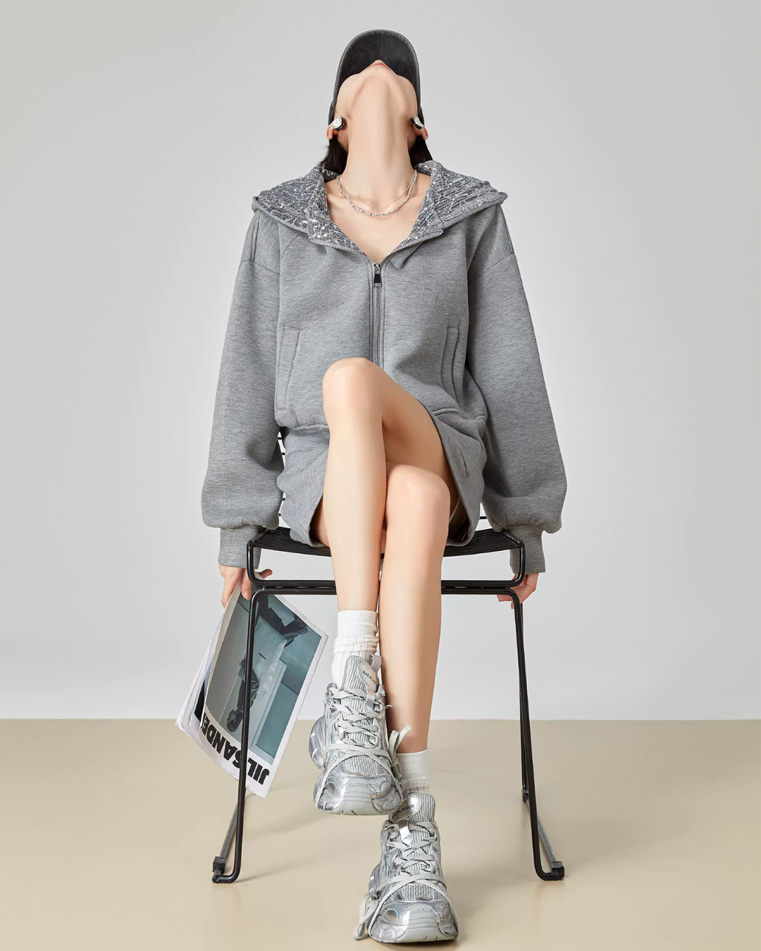 Gray Sequin Hood Jacket / A-Line Half Skirt  FER0039