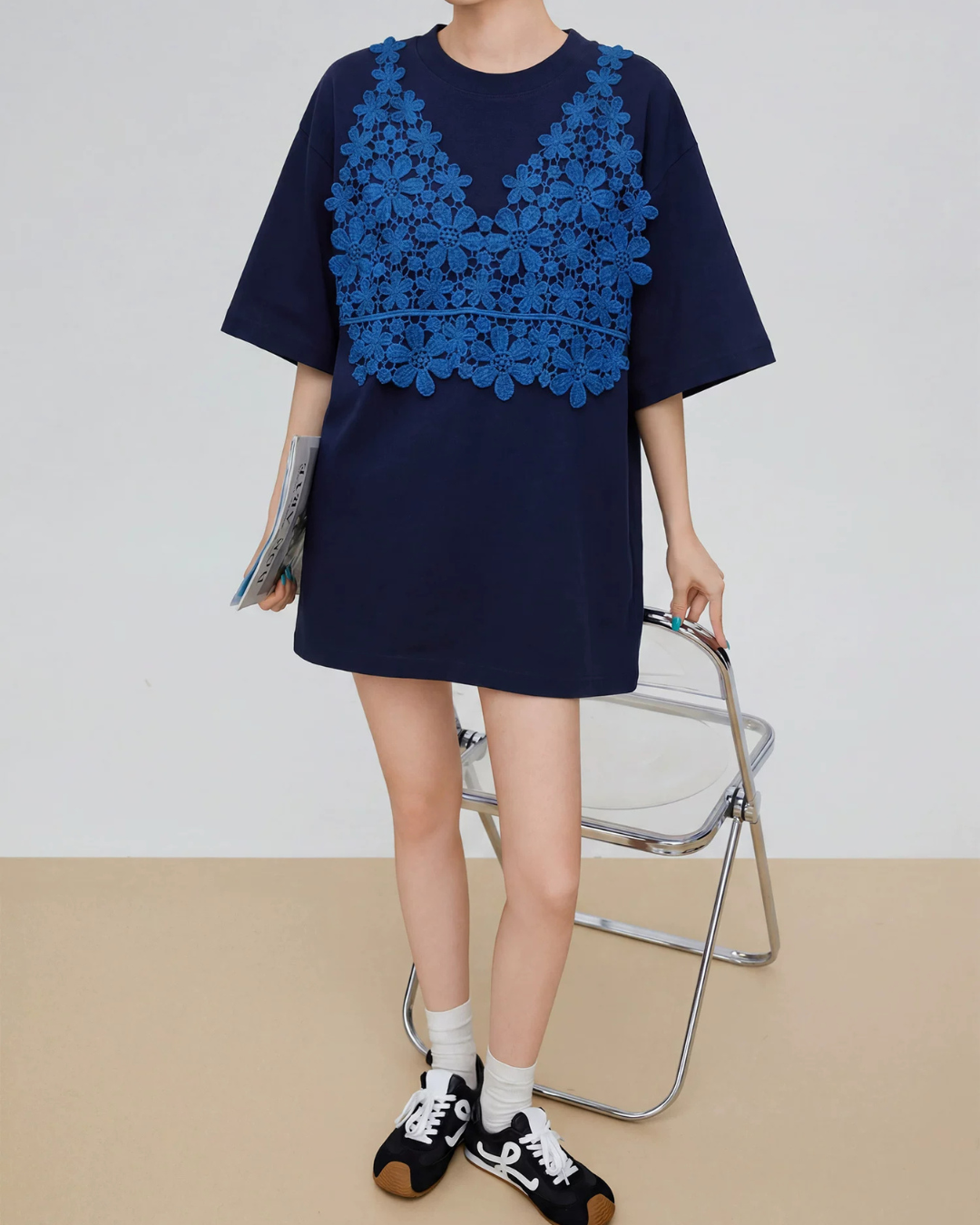 Flower Lace Docking Short-Sleeve T-Shirt FER0325