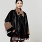 Boa Collar Leather Jacket/Pleated Mini Skirt LLA0573