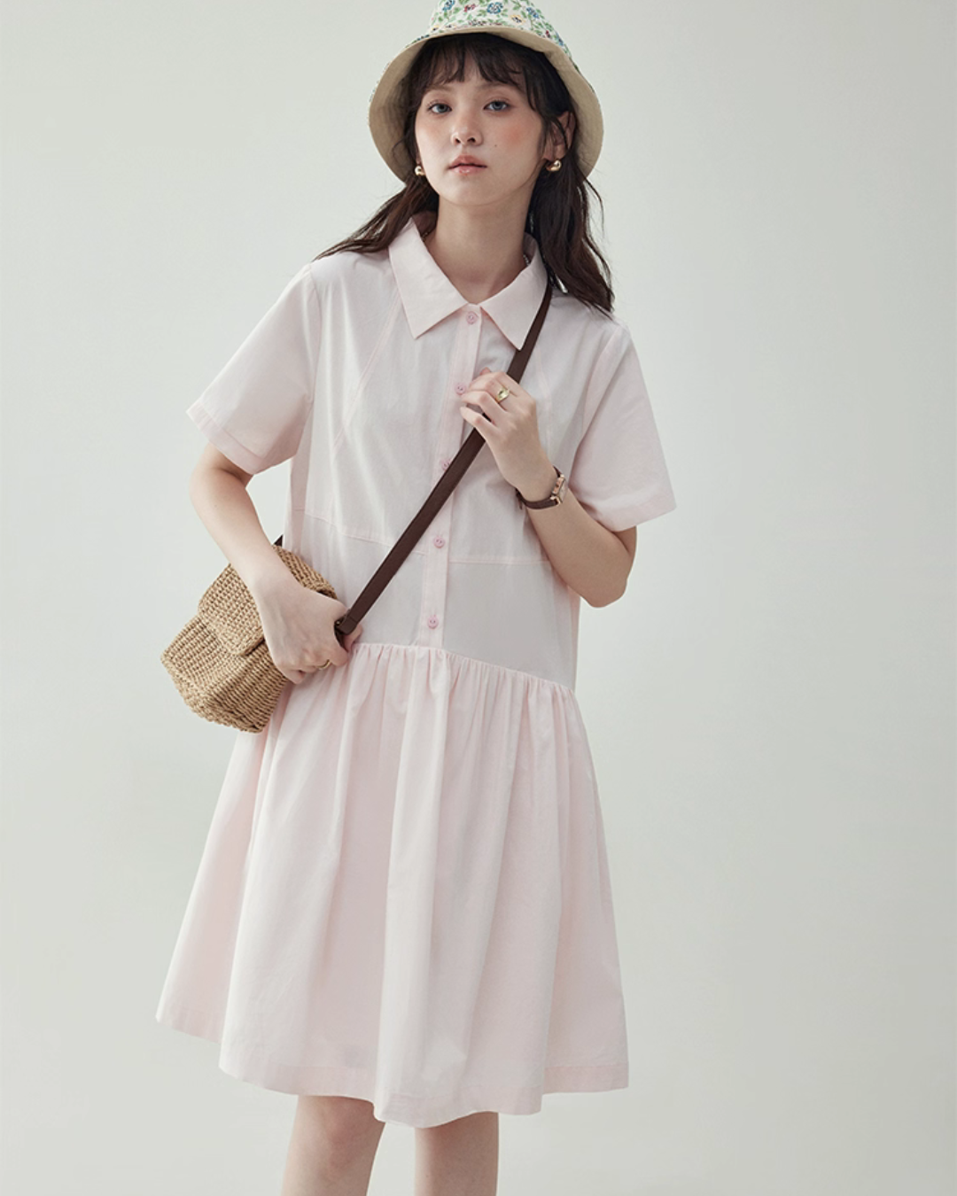 Relaxed Gathered Waist Cotton Dress AMU0027