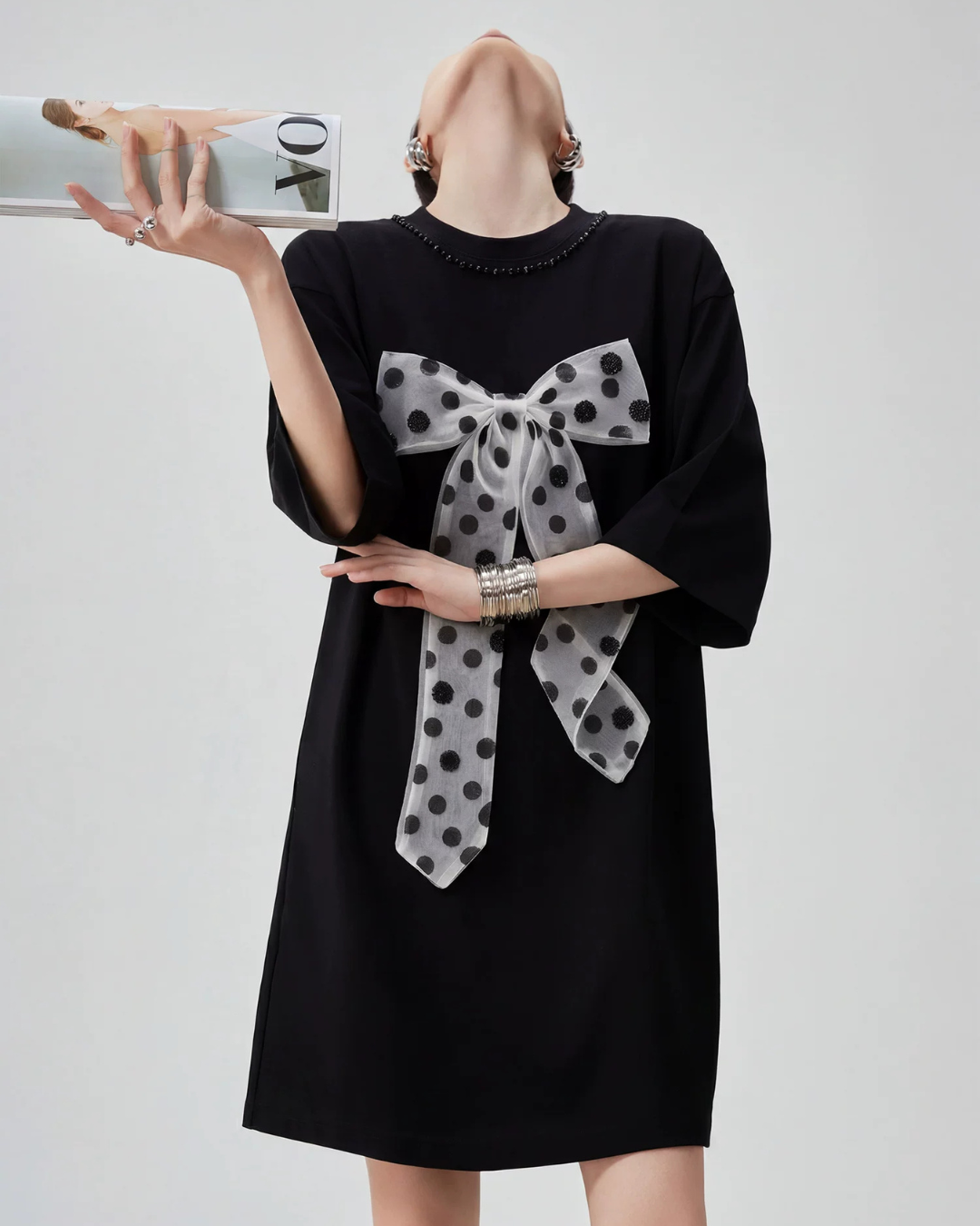 Dot Ribbon Docking Mini Dress FER0234