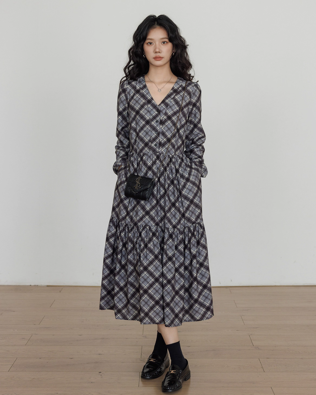 V-Neck Paid Long Dress VAS0161