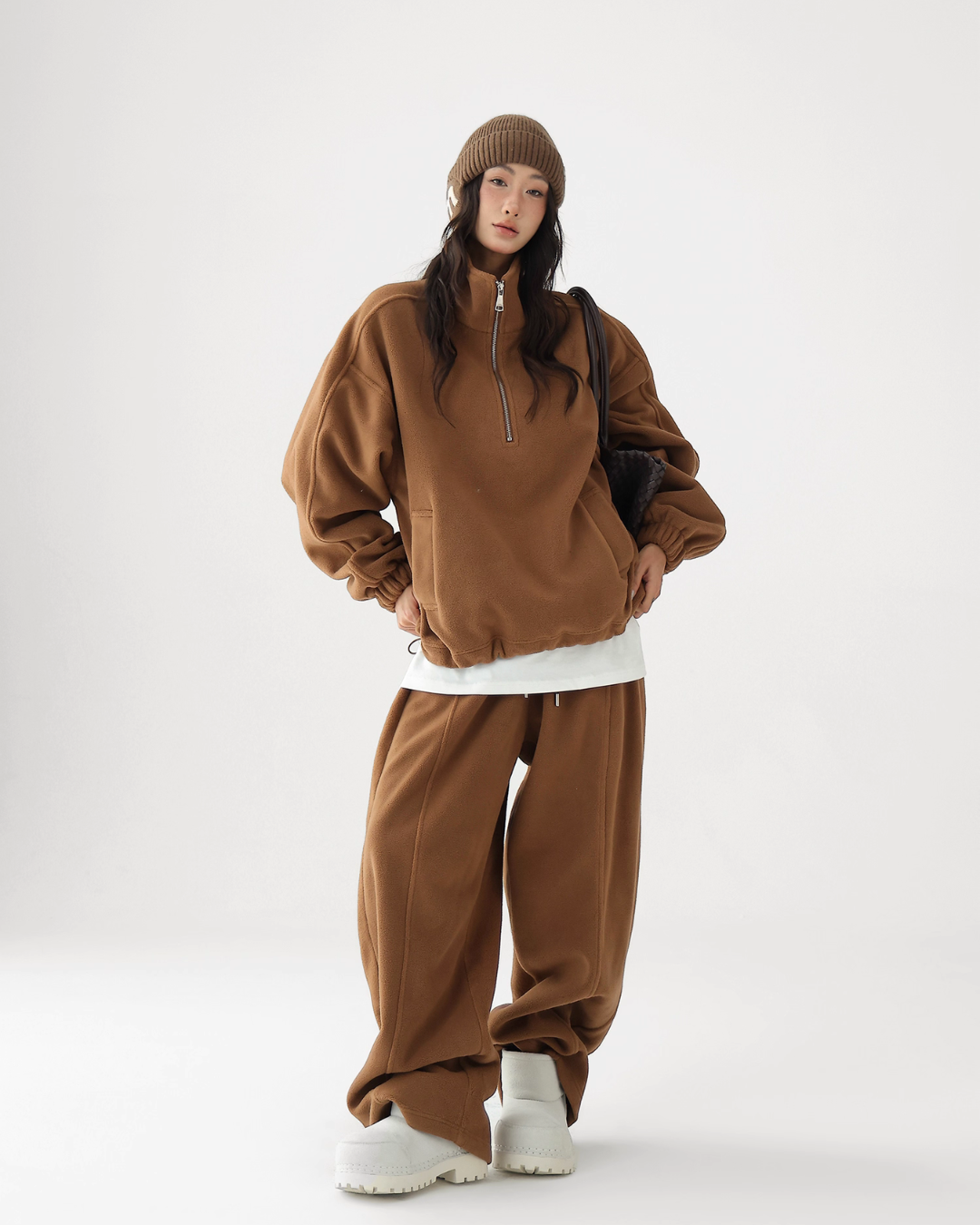 Half-Zip Stand Collar Fleece Top / Wide-Leg Sweatpants ACS0300