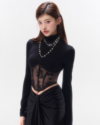 Lace Spliced ​​Waist Long Sleeve Top HID0004