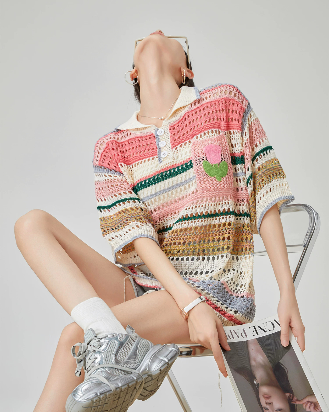 Multi-Border Openwork Polo Knit FER0224