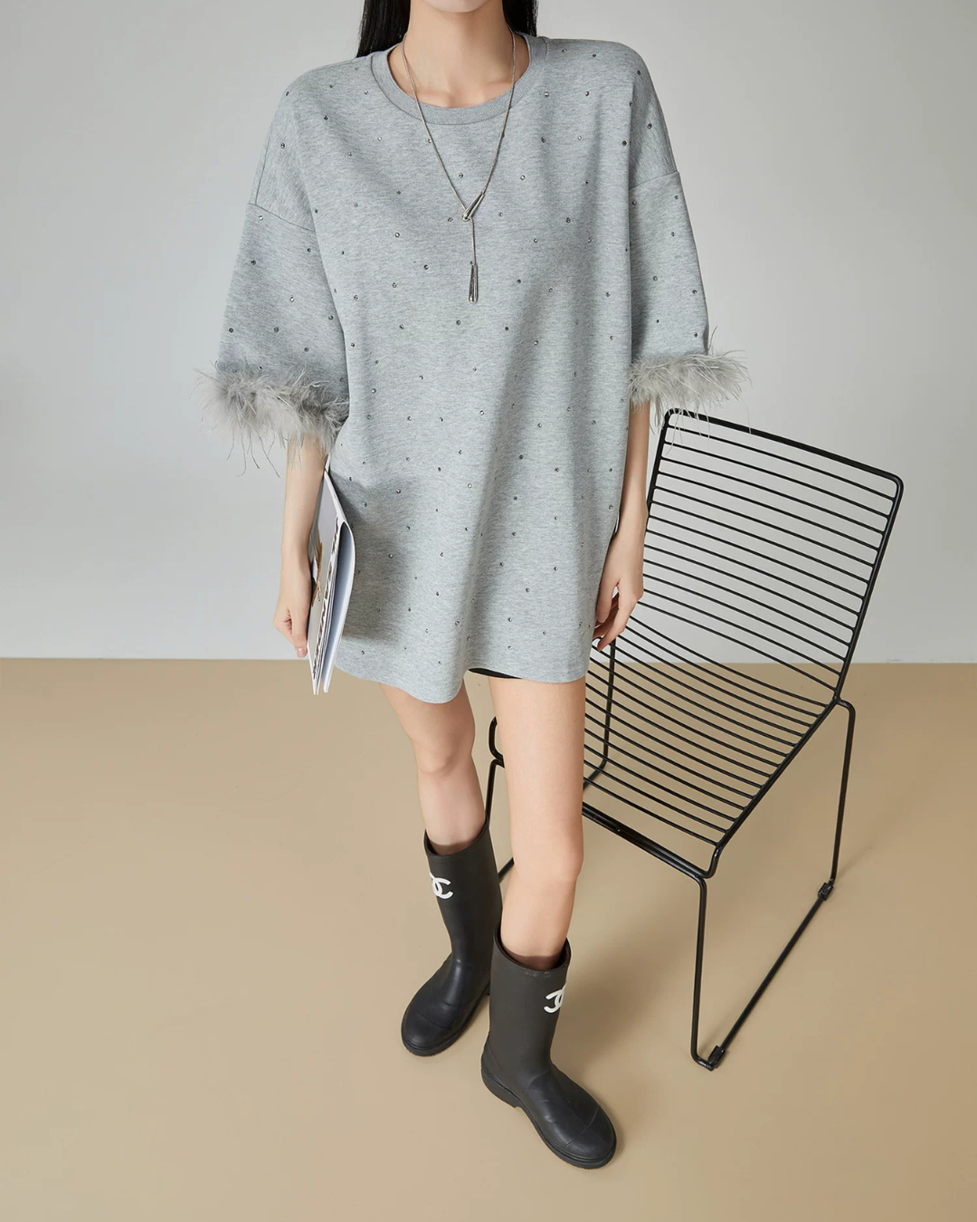 Feather Sleeve Jewel Mini Dress FER0127