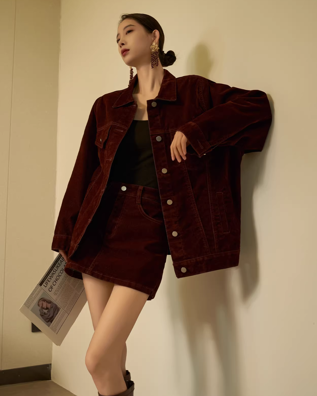 Wine Red Corduroy Jacket / Mini Skirt SUY0030