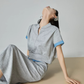 Blue Color-Block Ribbed Zip Top / Long Skirt FER0312