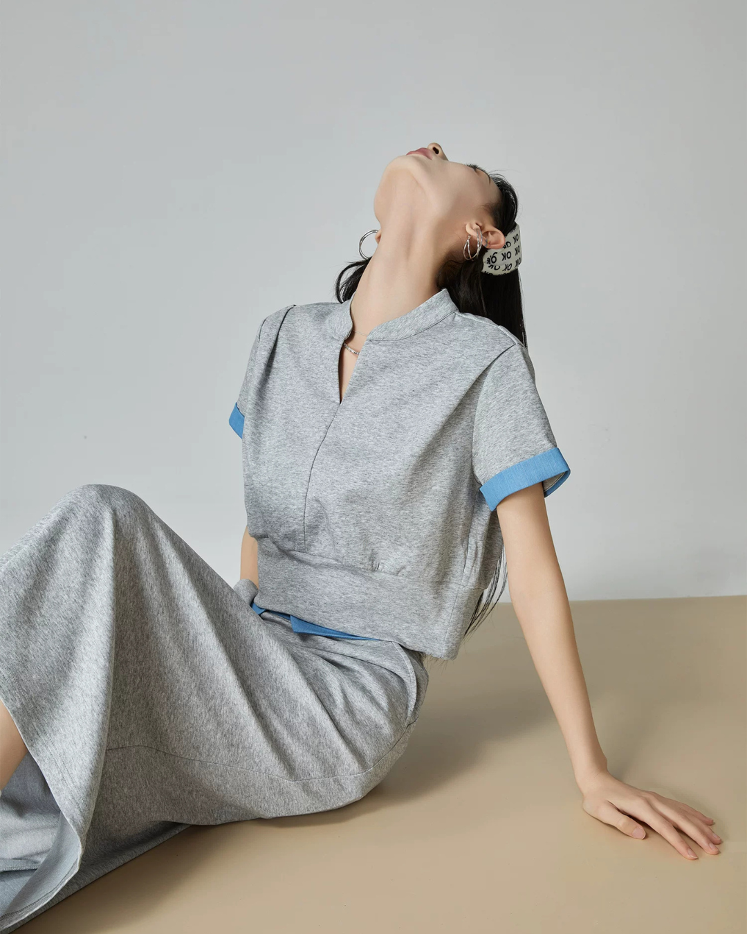 Blue Color-Block Ribbed Zip Top / Long Skirt FER0312