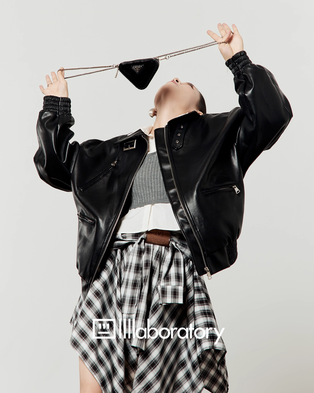 Vintage Leather Jacket / Asymmetrical Check Skirt LLA0528