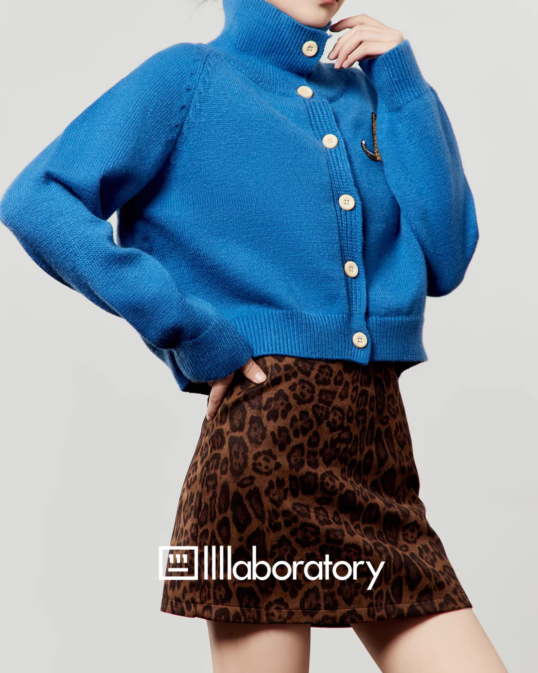 Stand Collar Knit Top / Leopard Print Mini Skirt LLA0587