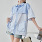 Blue Striped Patchwork Short-Sleeve Shirt FER0183