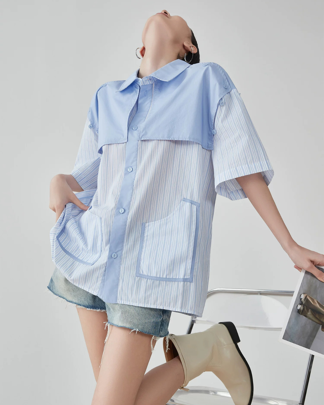 Blue Striped Patchwork Short-Sleeve Shirt FER0183