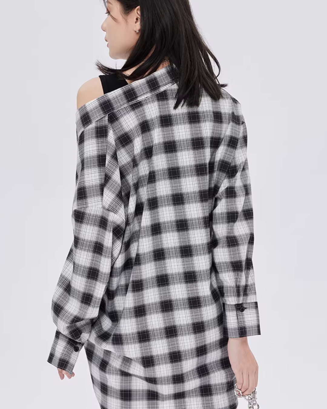 Off-Shoulder Plaid Shirt Dress SHN0049