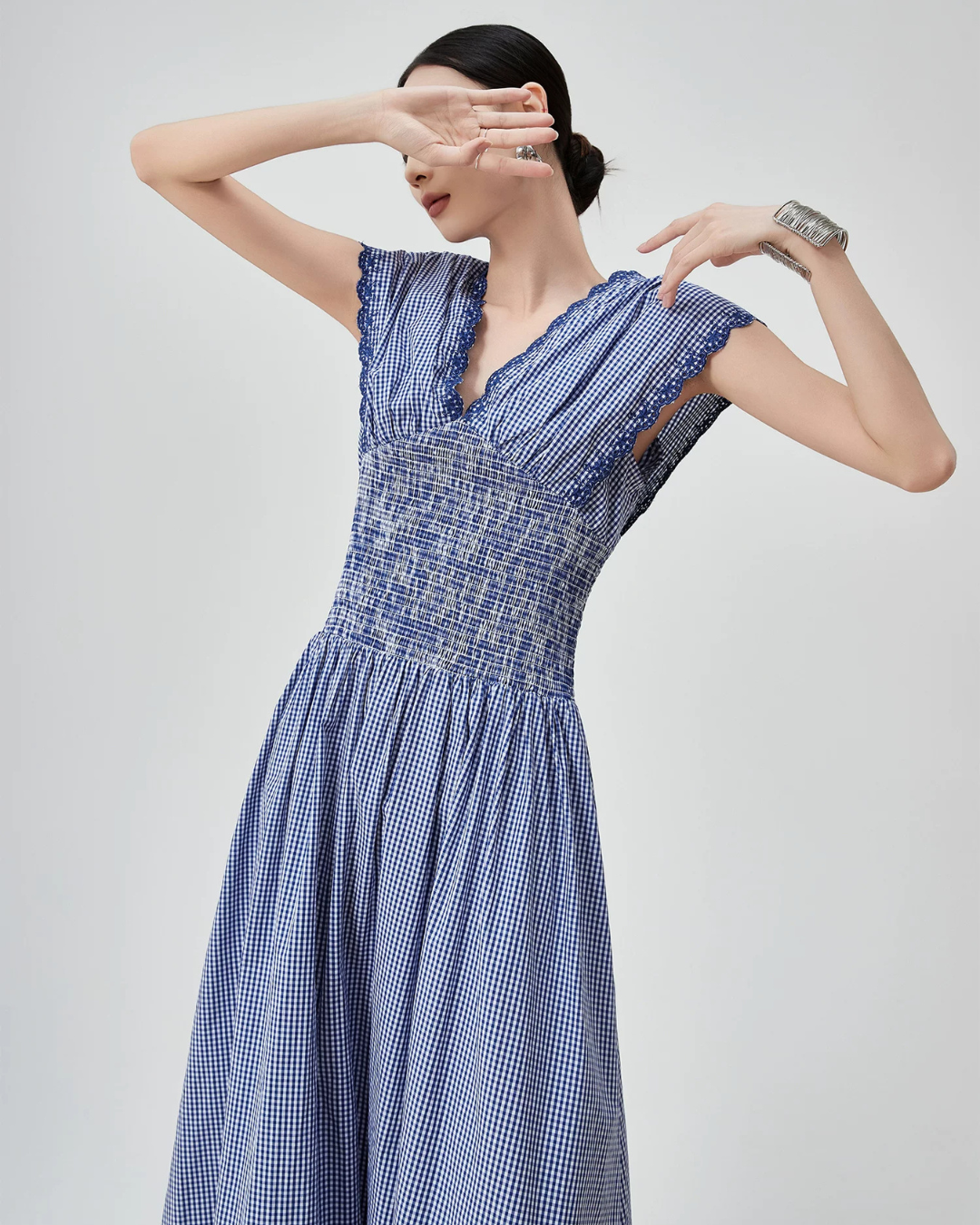 Gingham Check Shirring Long Dress FER0249